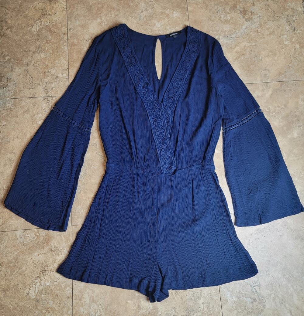 Y2K Romper Jumpsuit Shorts Blue Crinkle Embroidery Bell Sleeve Western Festival